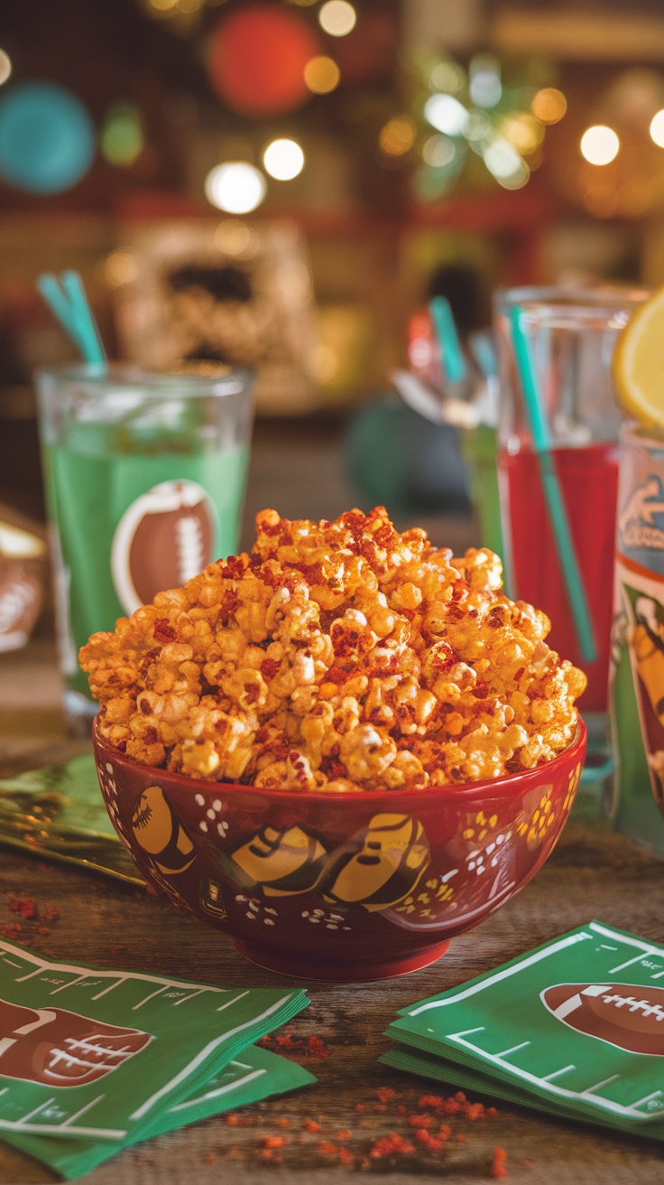 Sweet and spicy popcorn in a bowl with game day decorations.